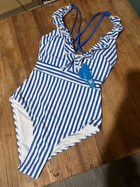 Cupshe Blue and White Striped Ruffle One-Piece Swimsuit for Kids